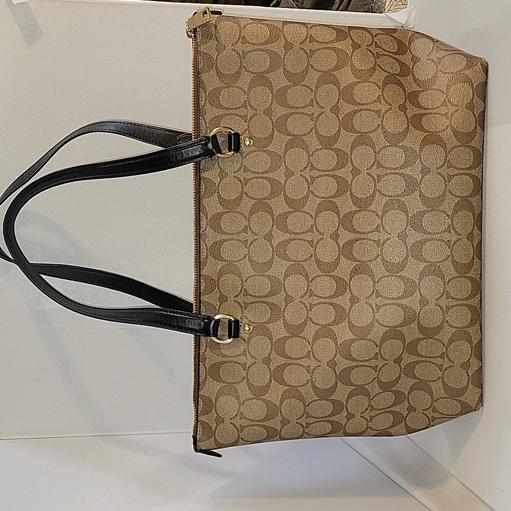 COACH Signature Coated Canvas Khaki Tan and Black Signature Tote - Picture 3 of 7